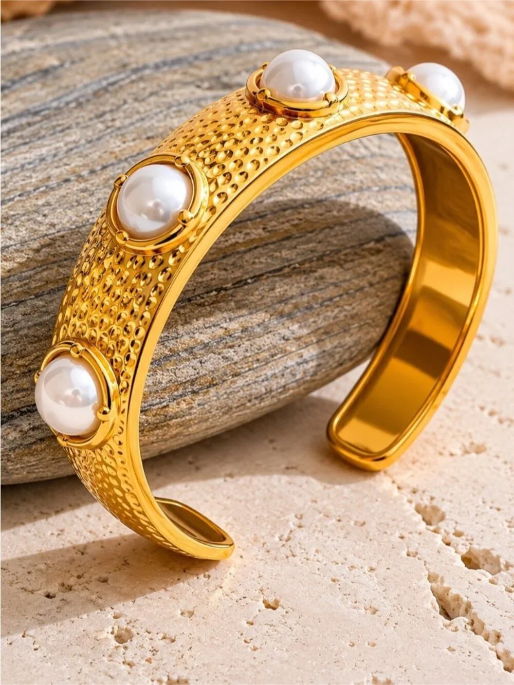 Gold plated Pearl-Accent Hammered Cuff Bracelet